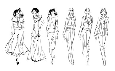 Sketch. Fashion Girls on a white background. Vector illustration.
