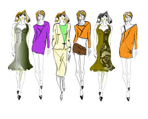 Sketch. Fashion Girls on a white background. Vector illustration.