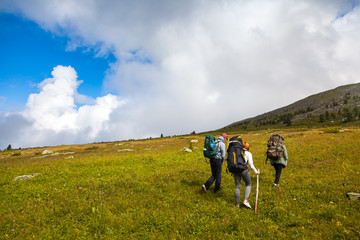 Travel Lifestyle and survival concept rear view. Two  hiking women and man with backpack go along the path to the mountains in a long hike on a warm summer day, a back view. .