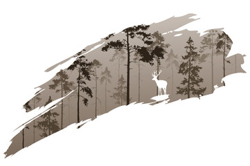 a fragment of the background with a forest and a deer for your design. Vector illustration