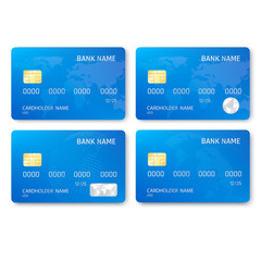 Set of realistic credit card template. Plastic blue credit cards with chip and map picture. Vector illustration isolated on white background