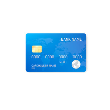 Realistic credit card template. Plastic blue credit card with chip and map picture. Vector illustration isolated on white background