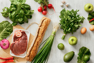 Set healthy food white table Top view buying healthy food