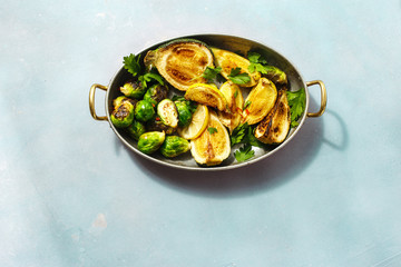Flat lay Fried brussels sprouts zucchini pan Healthy Vegetarian Food top view