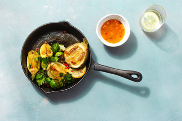 Fried brussels sprouts zucchini served pan Healthy Vegetarian Food