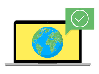 Earth globe and laptop computer with check mark line icon. Flat design. Vector illustration