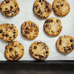 Homemade chocolate cookies baking tray top view