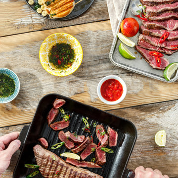 Top View Dinner Table Beef Steak Grill Chicken Steak Sunny Evening