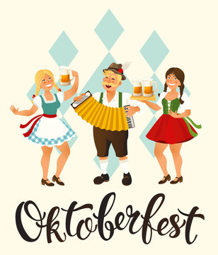People Drink Beer Oktoberfest Party Celebration man and woman Wearing Traditional Clothes Fest Concept flat. Vector Illustration.