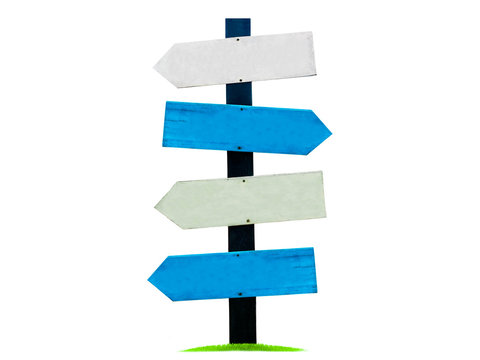 Signboard / guide post Made of wood, painted in white and blue isolated on white background, with clipping path