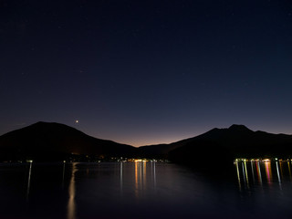 夜の湖畔にて、山のシルエット、夜空に輝く金星、街明かりが湖面に輝く。