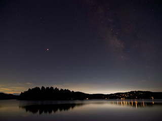 Fototapeta na wymiar 夜の湖畔にて、島の真上に火星、隣に天の河、街灯りが湖面に輝く。