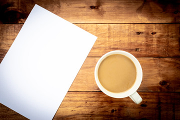 Coffee cup cappuccino hot on wood background,Top view with copy space