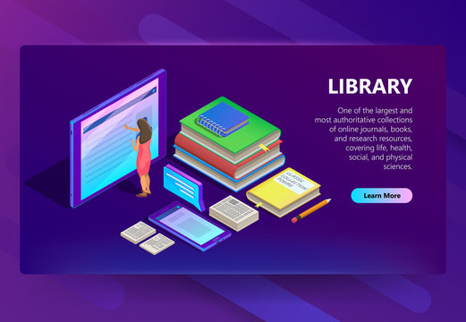 Online Library Vector Illustration Of Woman Reading Books In Smartphone Or Internet Tablet. Isometric Design For Remote Education Or Study Technology On Purple Ultraviolet Background