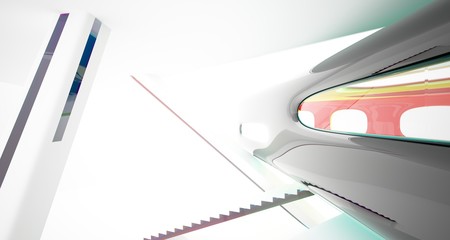 Abstract white and colored gradient glasses interior multilevel public space with window. 3D illustration and rendering.