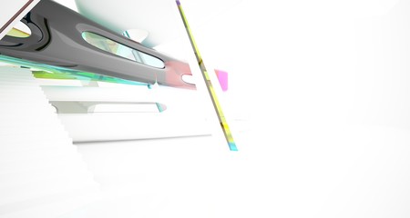 Abstract white and colored gradient glasses interior multilevel public space with window. 3D illustration and rendering.