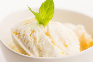 Vanilla Ice Cream with Mint in bowl Organic product