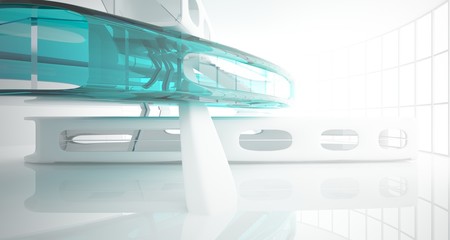 Abstract white and colored gradient glasses interior multilevel public space with window. 3D illustration and rendering.