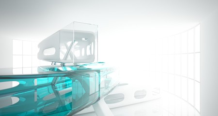 Abstract white and colored gradient glasses interior multilevel public space with window. 3D illustration and rendering.