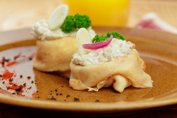 Russian pancakes healthy breakfast dish close up