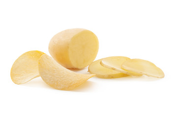 crispy chips and raw potato on white background