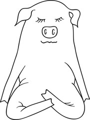 Free Hand Vector Illustration of Focussed Cartoon Pig Meditating in Lotus Position. Cute Kawaii Funny Character. Coloring Page. Adults Yoga Sport Illustration for Motivation