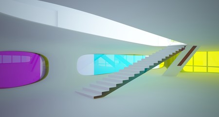 Fototapeta premium Abstract white and colored gradient glasses interior multilevel public space with window. 3D illustration and rendering.