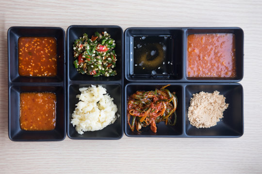 Top view of Korean sauces and condiments