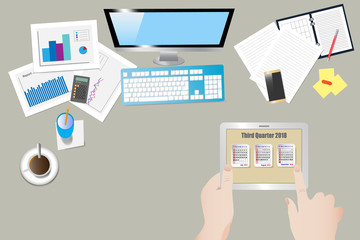 Top view of the office workplace third quarter 2018 concept