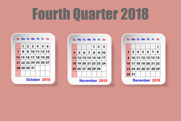 Calendar for fourth quarter of 2018 year on the red ocher color background