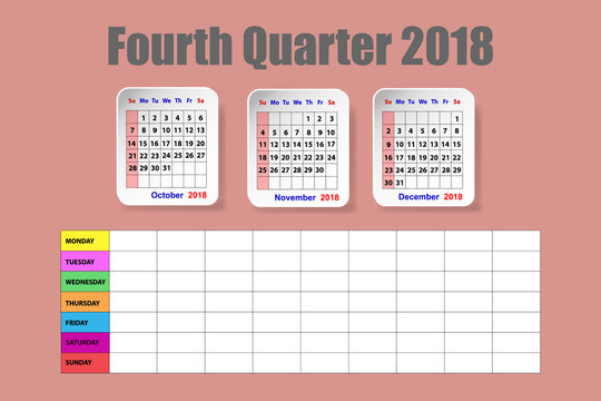 Calendar for the fourth quarter of 2018 year on the red ocher color background with weekly planner on the lower half of the vector
