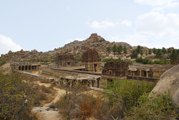 Fototapeta na wymiar Ariel view of Achyuta Raya Temple complex from Matanga Hill. Hampi, Karnataka. Sacred Center. The Kalyana Mandapa is also seen towards the left.