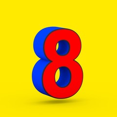 Red and blue superhero number 8 isolated on yellow background.