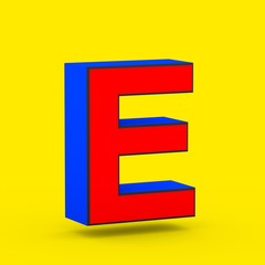 Red and blue superhero letter E uppercase isolated on yellow background.