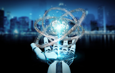 White robot hand creating future technology structure 3D rendering