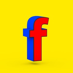 Red and blue superhero letter F lowercase isolated on yellow background.