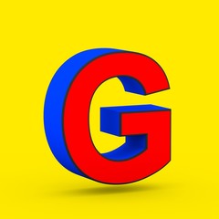 Red and blue superhero letter G uppercase isolated on yellow background.