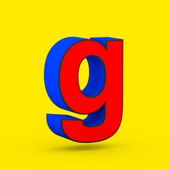 Red and blue superhero letter G lowercase isolated on yellow background.