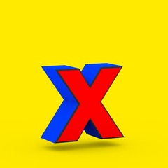 Red and blue superhero letter X lowercase isolated on yellow background.