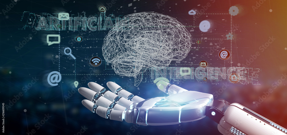 Wall mural cyborg hand holding a artificial intelligence concpt with a brain and app 3d rendering