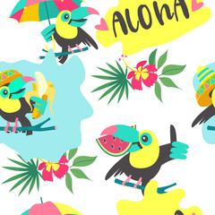 Seamless pattern. Tropical birds toucans, tropical leaves and fruits. Colorful vector illustration.
