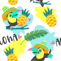 Seamless pattern. Tropical birds toucans, tropical leaves and fruits. Colorful vector illustration.