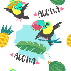 Seamless pattern. Tropical birds toucans, tropical leaves and fruits. Colorful vector illustration.