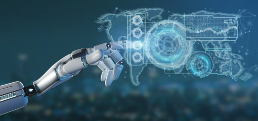 Cyborg hand holding a Technology interface 3d rendering