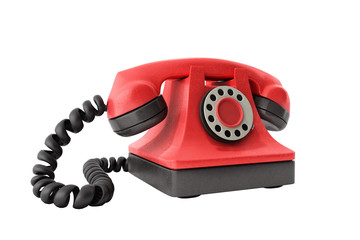 Hot line concept Red vintage telephone taking a call ideal for contact page 3d render on white no shadow