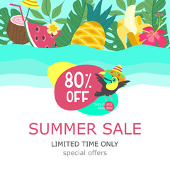 Summer sale. Bright colorful advertising poster. Cheerful Toucan, tropical leaves and fruit. Illustration in cartoon style.