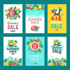 Deurstickers Set of advertising posters. Summer sale. Bright colorful advertising poster. Cheerful Toucan, tropical leaves and fruit. Illustration in cartoon style. © katedemian