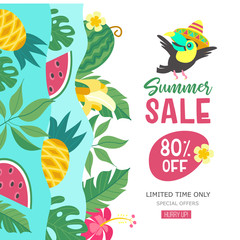 Fototapeta na wymiar Summer sale. Bright colorful advertising poster. Cheerful Toucan, tropical leaves and fruit. Illustration in cartoon style.