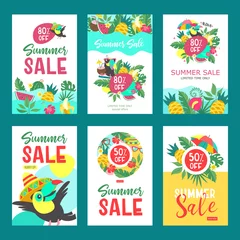 Deurstickers Set of advertising posters. Summer sale. Bright colorful advertising poster. Cheerful Toucan, tropical leaves and fruit. Illustration in cartoon style. © katedemian