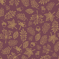 Fall leaves seamless vector background. Beige green leaves on purple background. Acorn, oak tree, maple tree pattern. Doodle leaf print. Fall background, Thanksgiving, Seasonal print, November, paper,